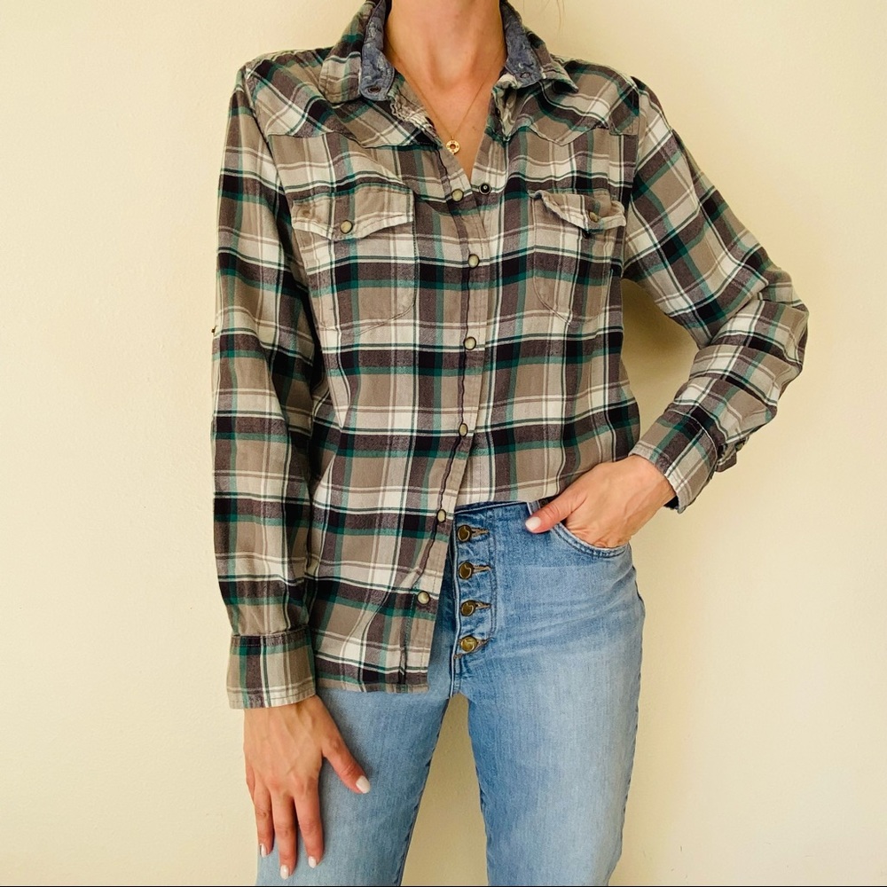 JACHS Girlfriend western Bea plaid flannel Long Sleeve Button down plaid Shirt